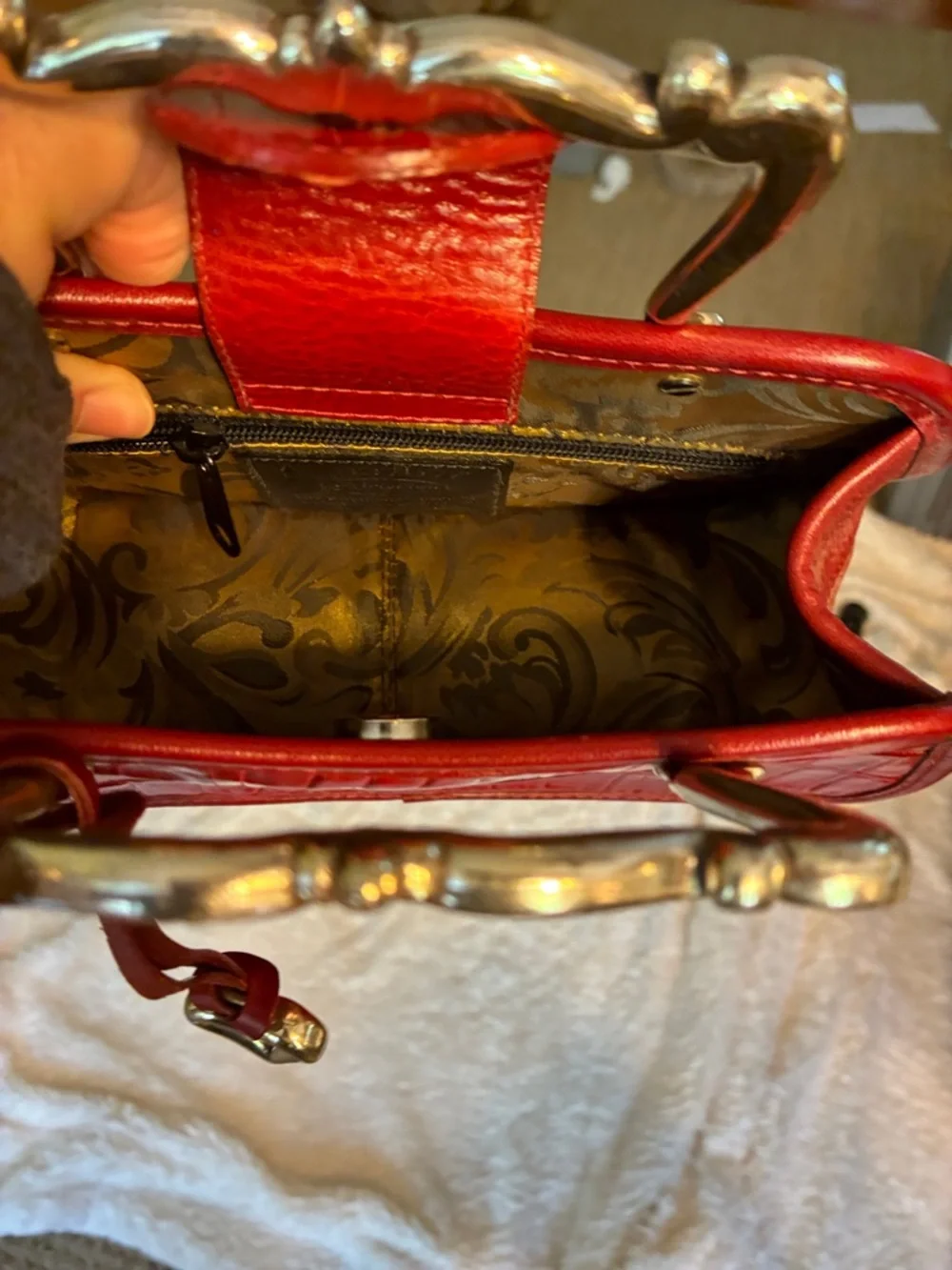 Brighton Red Croc-Embossed Mini Top-Handle Bag with Ornate Silver Handles - Picture 5 of 10